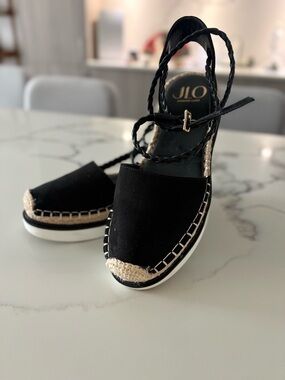 Jennifer Lopez Black Espadrille Platform with Braided Ankle Tie